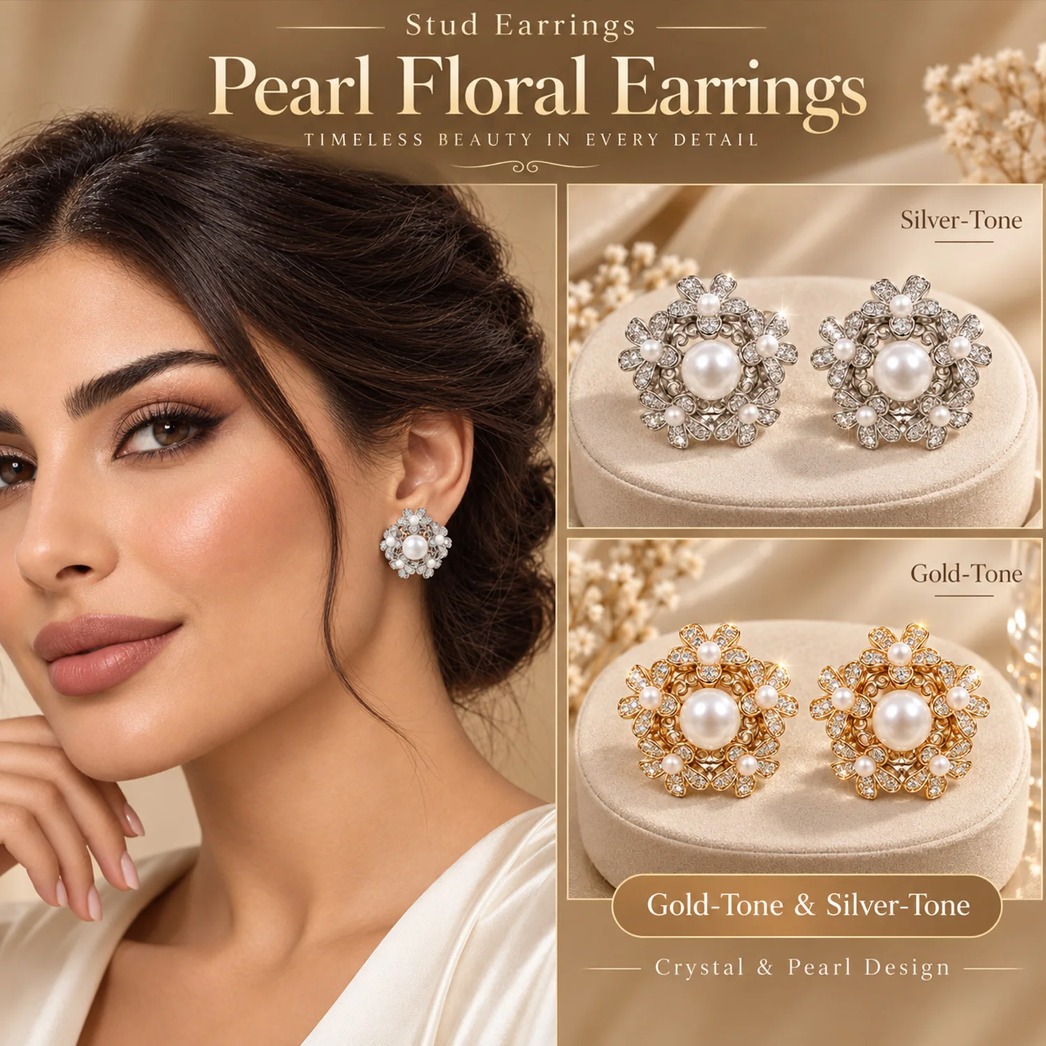 Fashion Floral Pearl Stud Earrings Statement Ear Accessory Ladies Bridal Birthday Photo Prop Gift