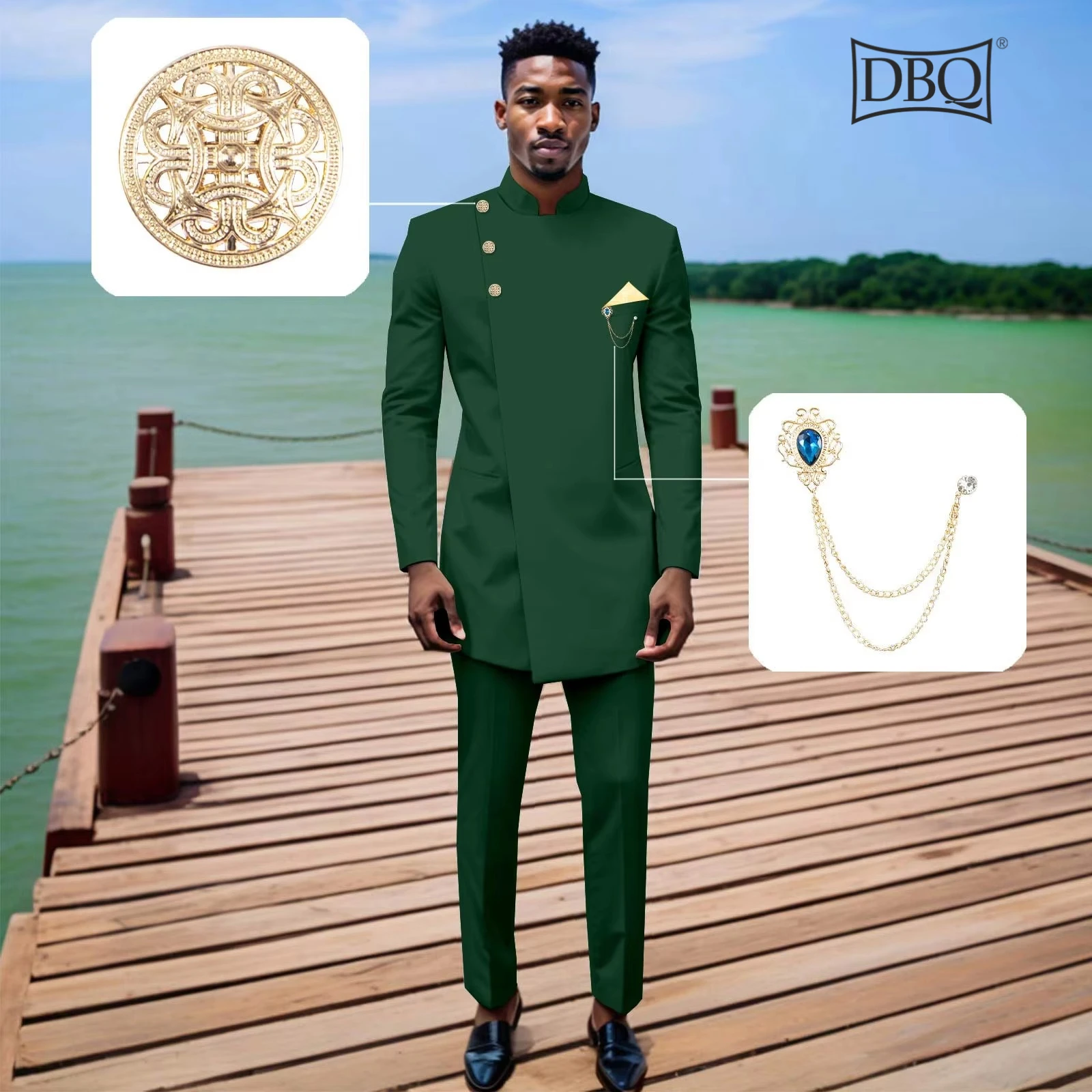 DBQ Mens Slim Fit 2 Piece Suit Three Button Gold Chain Jacket + Pants 2 Piece Set African Clothes