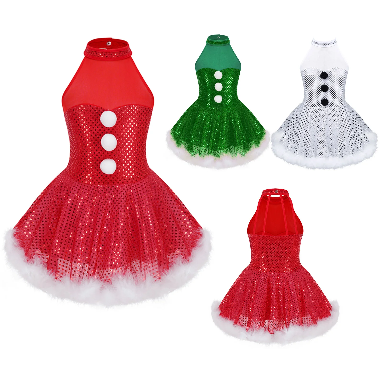 Kids Girls Sequins Christmas Dance Dress Snowman Cosplay Costume Feathers Trim Xmas Party Figure Skating Dress Ballet Leotard