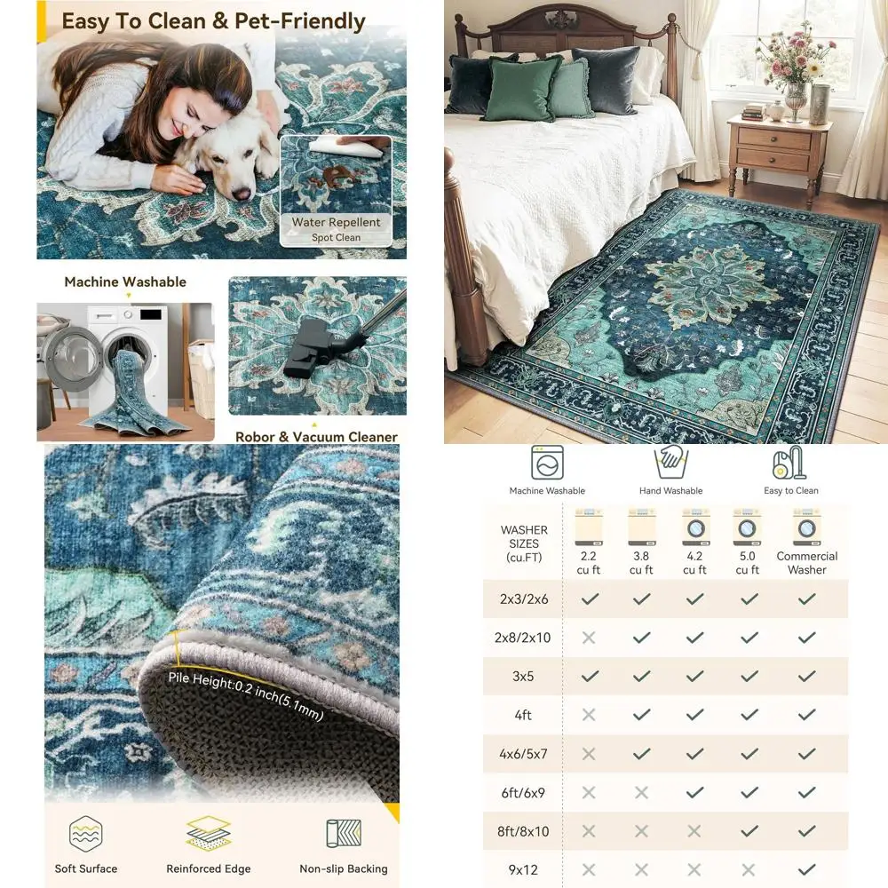 

5x7 футов моющийся нескользящий винтажный коврик с медальонами с цветочным принтом, бирюзовый зеленый, голубой озеро, бирюзовый для гостиной, спальни, столовой