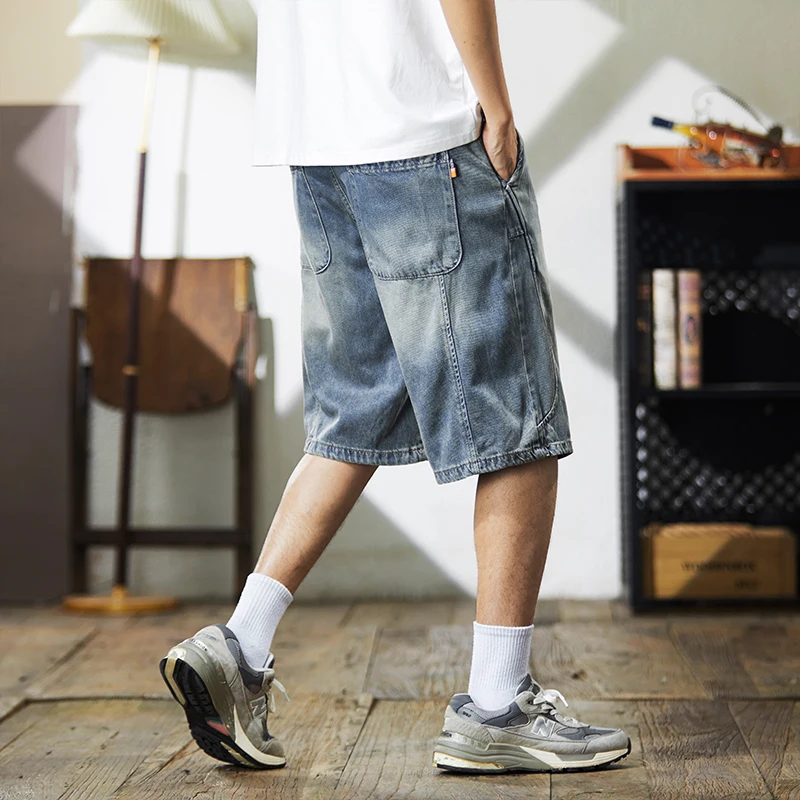 XY9941 Novedad de verano, pantalones cortos de mezclilla para hombre, pantalones cortos informales holgados rectos y finos con cordón en la cintura elástica