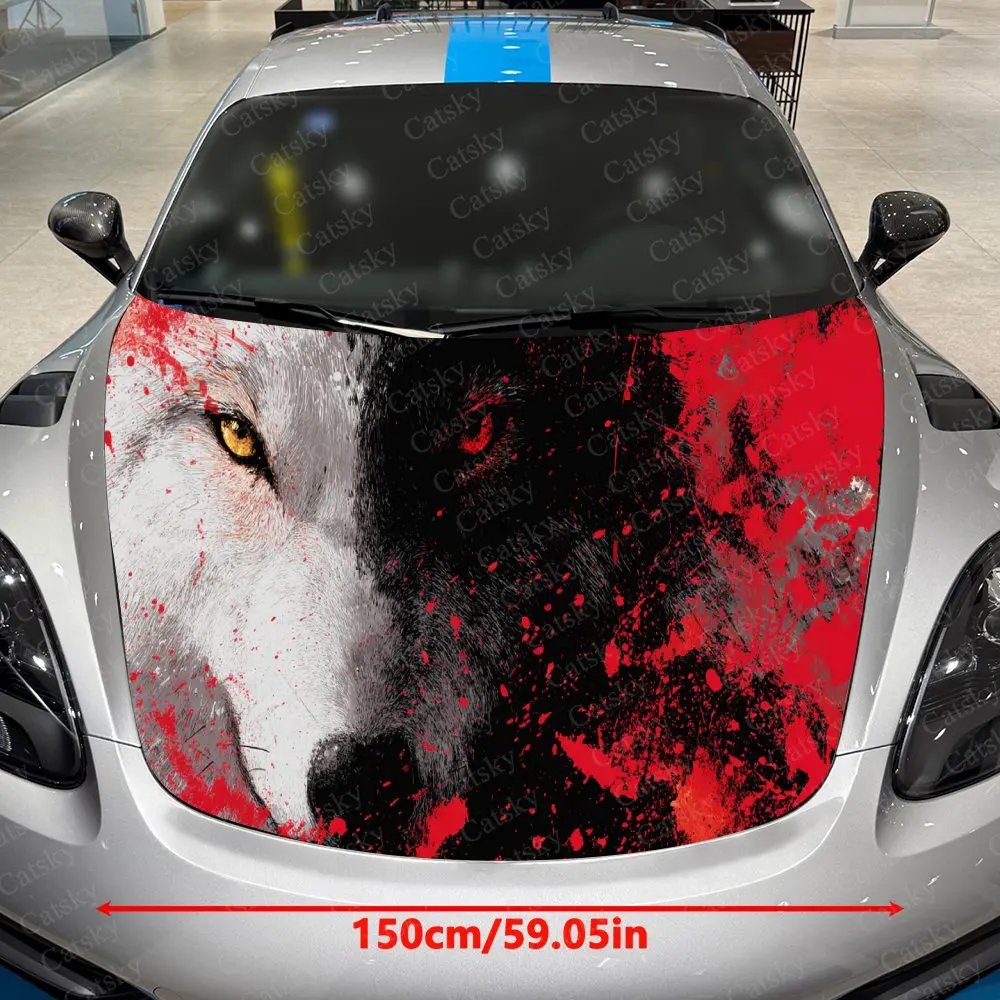 Ferocious Split Bloody Wolf Car Hood Sticker,Waterproof Self-Adhesive Vinyl Graphics Decals,Decorative Auto Accessories Stickers