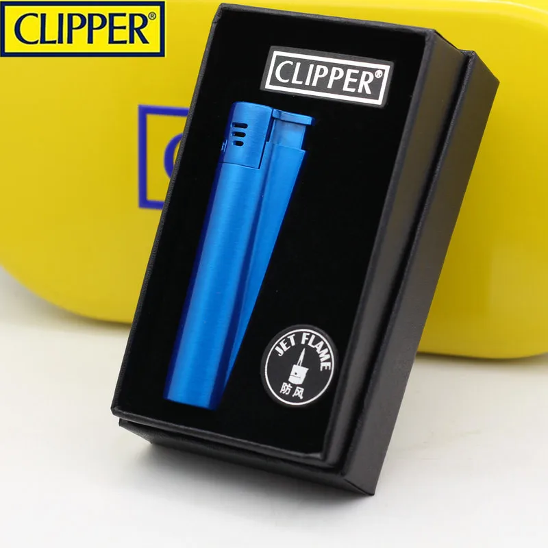 CLIPPER Metal Butane Gas Lighter Windproof Straight Jet Blue Flame With Dust Cap Gift Box Smoking Accessories Gadgets For Men