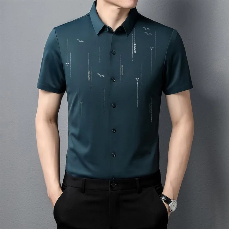 Summer Fashion New Ice Silk Men\'s T-shirt Short Sleeve Solid Turn-down Collar Striped Business Letter Button Casual Tops