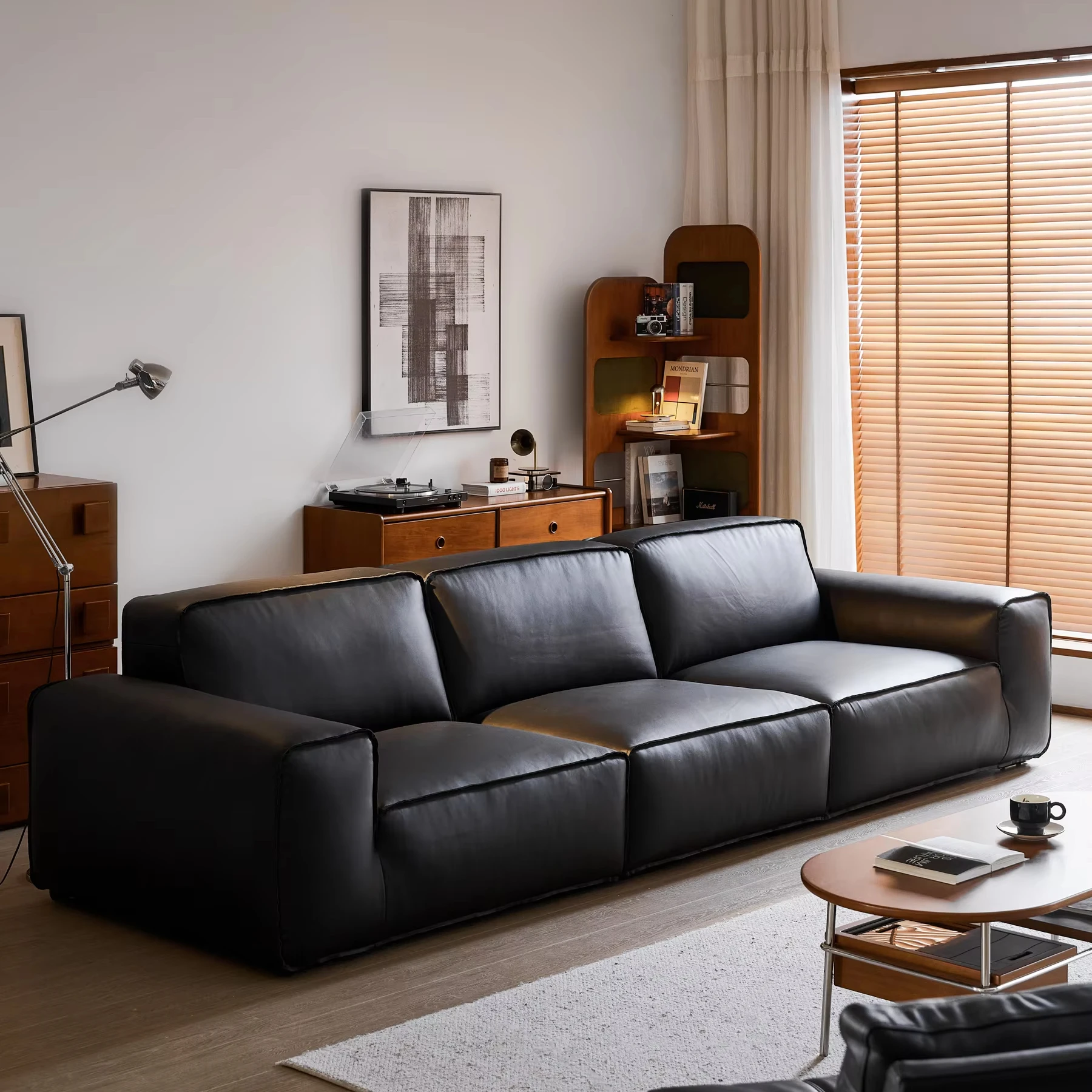 

#Manufacturer Wholesale Genuine Leather Sofa Top Layer Cowhide Living Room Home Small Apartment Straight Row Black Leather Sofa