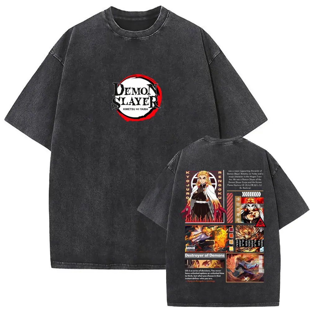 

Washed Vintage Anime Demon Slayer Rengoku Kyoujurou T-shirts Men's Women's Clothing Summer Cotton Crewneck Short Sleeve T Shirts
