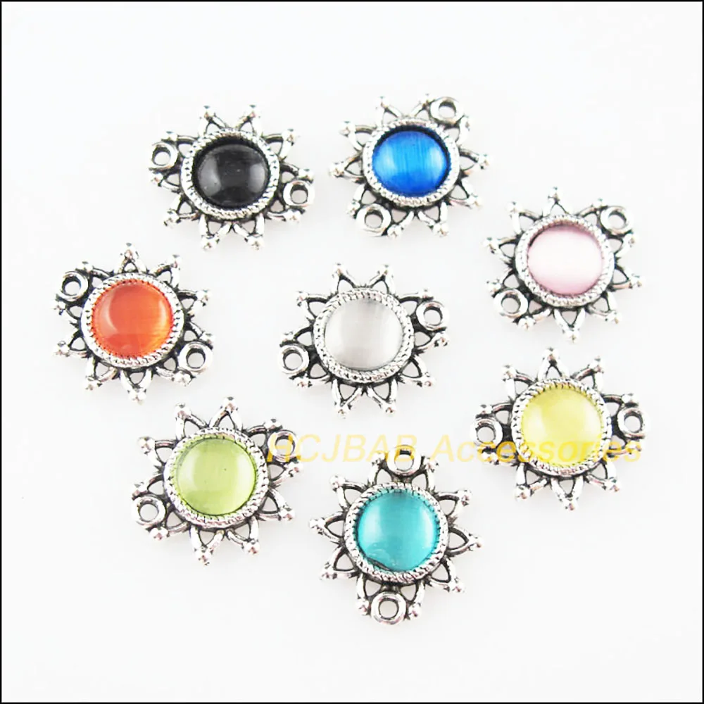 16Pcs Tibetan Silver Flower Mixed CatEye Stone Charms Pendant Connectors 14x15mm