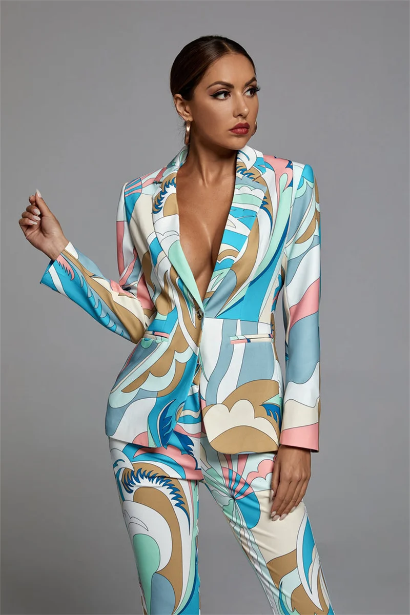 Luxury Designer 2 Piece Outfits For Women Long Sleeve Print Blazer And Pant Casual Elegant Suit Sets 2023