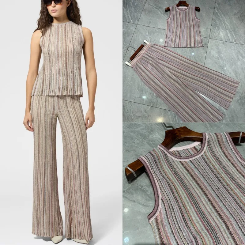 Bohemian Metallic Color Pants Set for Women Round Neck Sleeveless Slim Top + Straight Leg 2-Piece Elegant Evening Dress