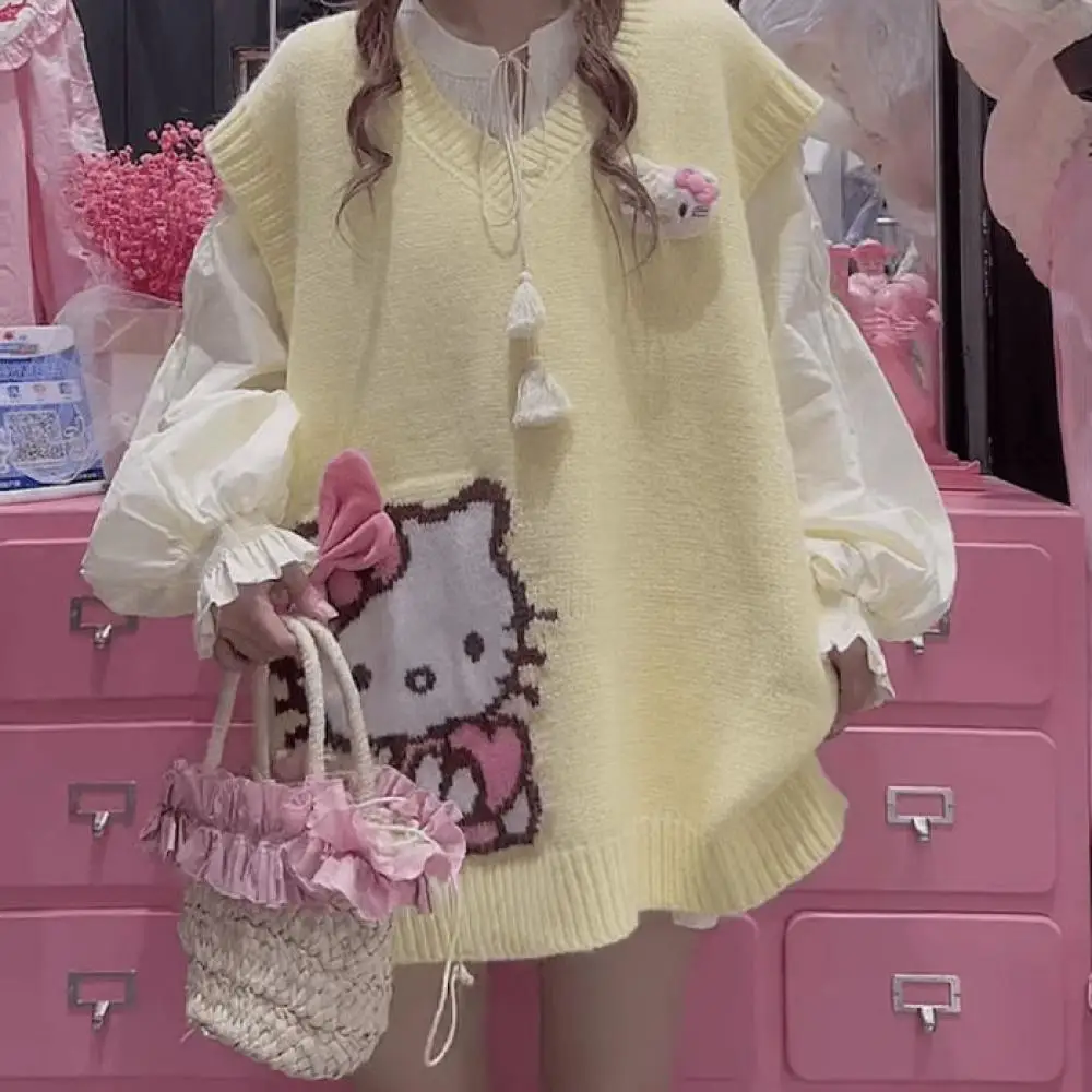 Kawaii Hello Kitty V คอถักเสื้อกั๊ก Sanrio อะนิเมะเกาหลีรุ่น Preppy ฤดูใบไม้ร่วงฤดูใบไม้ผลิสาวเสื้อกันหนาวนักเรียนแนวโน้มหวานหลวม