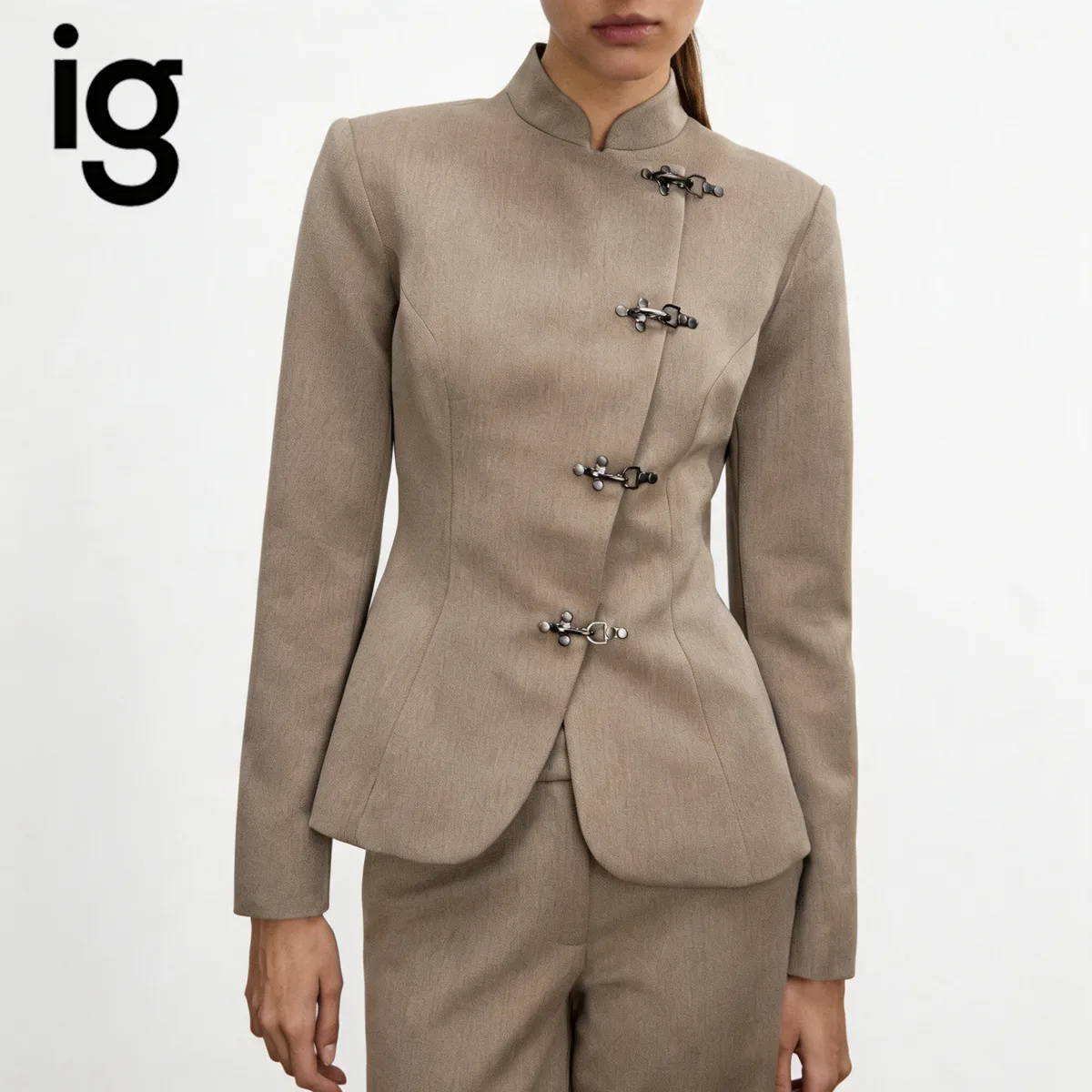 Women Stand Collar Slim Blazer Jacket,Asymmetric Frog Buttons Design,Fitted Waist Long Sleeve Office Casual Outerwear For Ladies