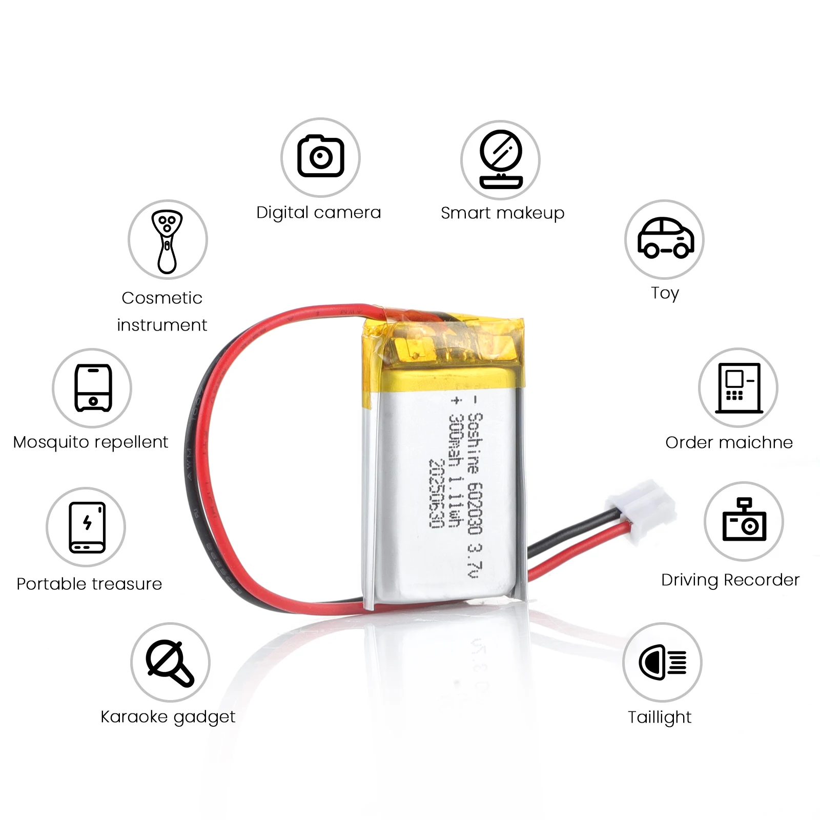 Soshine 602030 300mAh بطاريّة ليثيوم قابلة لإعادة الشحن 3.7 فولت بطارية ليثيوم أيون بوليمر لسماعة رأس بخاصية البلوتوث المتكلم رصد الموقت الذاتي