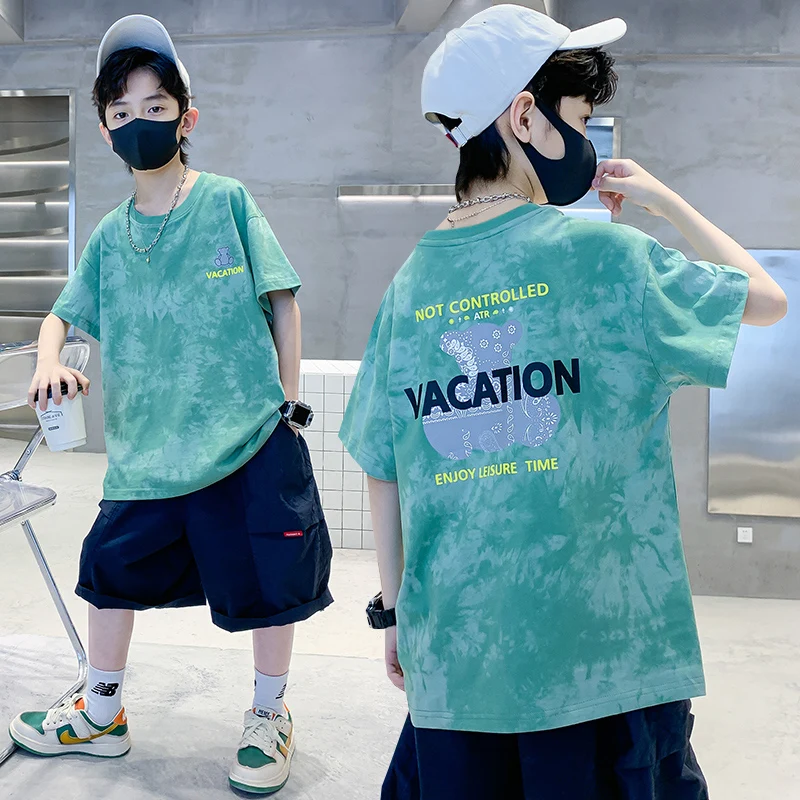 2025 Summer Boys T-Shirts New Fashion Print Tops for Kids Cotton Tshirt Tie-Dye Casual Streetwear Teenage Tees Outerwear Clothes