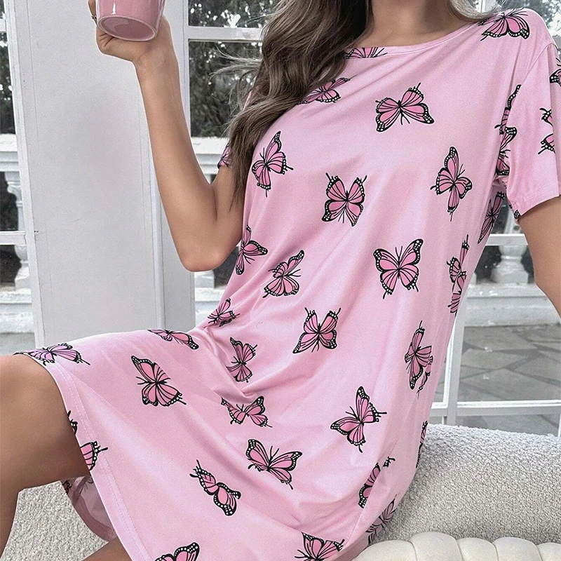 Casual Butterfly Print Nightdress Short Sleeve Round Neck Tee Sleep Dress Women\'s Sleepwear Home Clothes Nightgown Loungewear