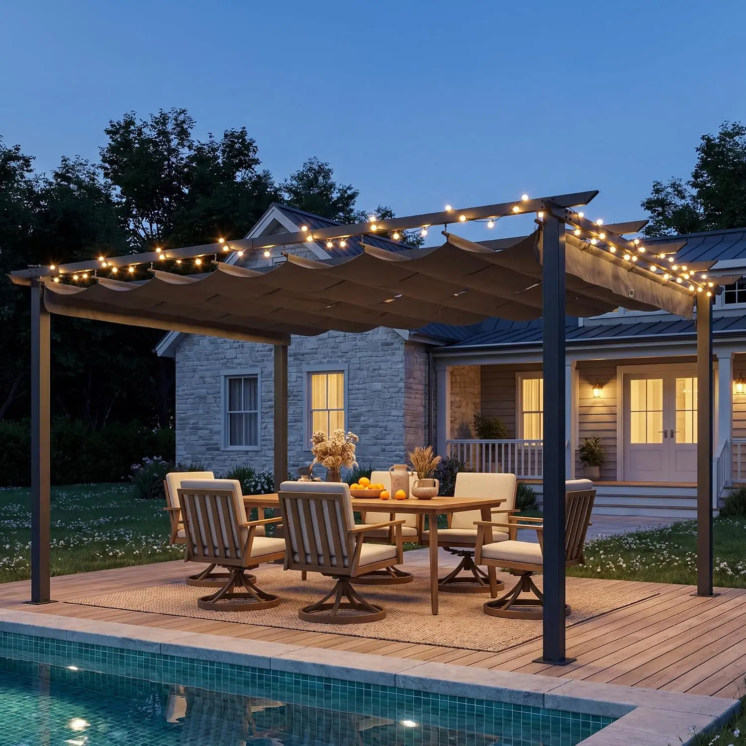 10'x13' Retractable Pergola Canopy, Aluminum Outdoor Patio Gazebo with Adjustable Roof & Sun Shade Canopy, Faux, Customized