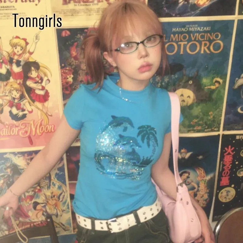 Tonngirls-T-shirt manches courtes pour femme, estival et moulant, avec diamants, style japonais Harajuku, années 2000, Y2k