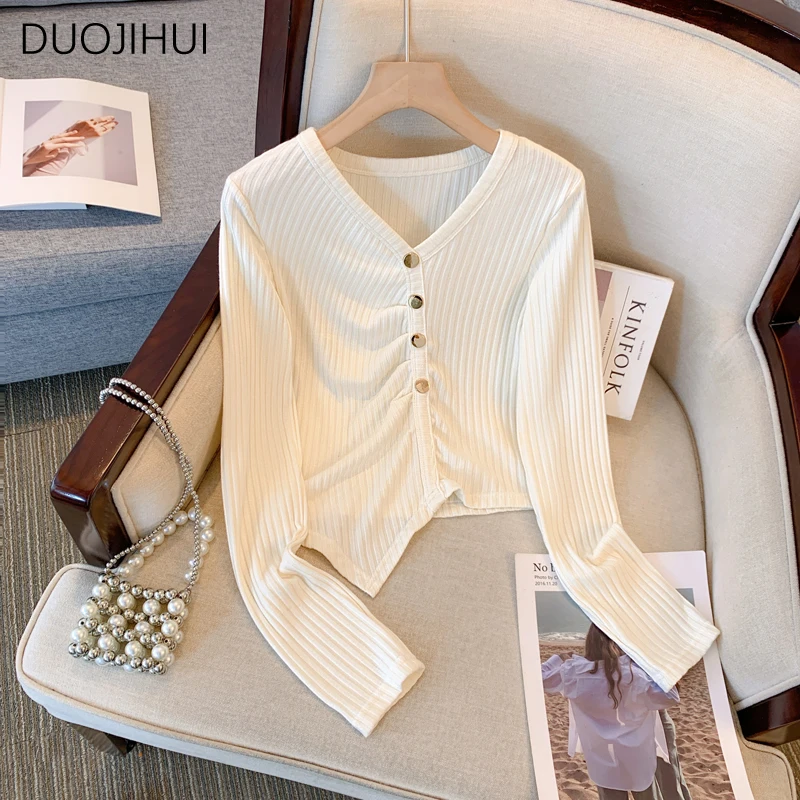 DUOJIHUI-suéteres con cuello en V para mujer, jerseys femeninos irregulares, Color puro básico Delgado, suéteres de punto simples, moda de otoño