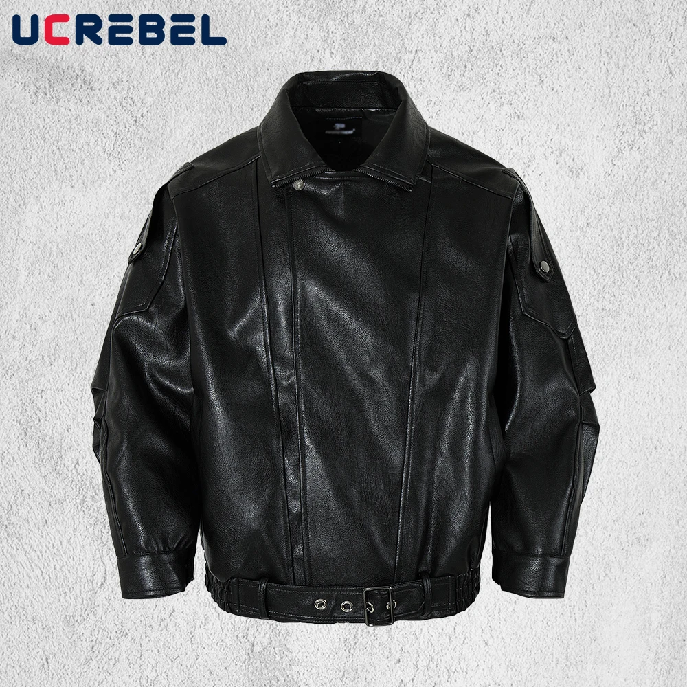 

Retro Spliced Motorcycle Jacket Mens Autumn Winter Lapel Pleated sleeves PU Leather Jacket Man Outerwear
