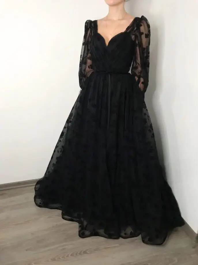 Black Lace Evening Dresses Elegant Sweetheart Puffy Full Sleeves Sweetheart Formal Party Prom Gowns Women Elegant Dress