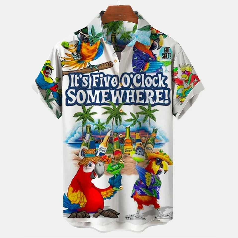 Parrot Printed Shirt Men's Summer Fashion Single Breasted Short Sleeved Hawaiian Beach Animal Clothing