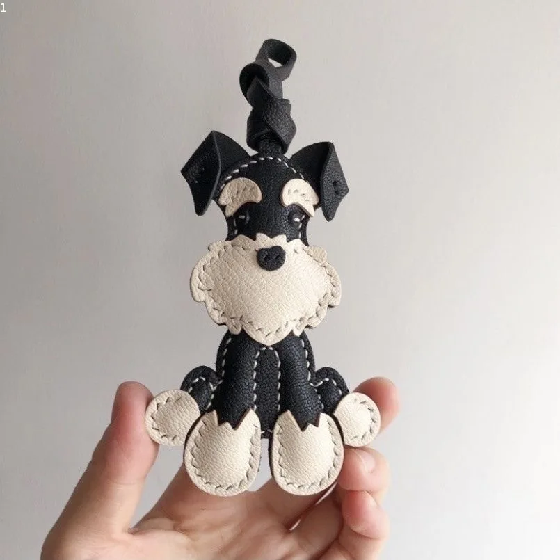 Dog Schnauzer Pendant Genuine Leather Creative Keychain Dog Handmade Cute Car Leather Gift Bag Pendant