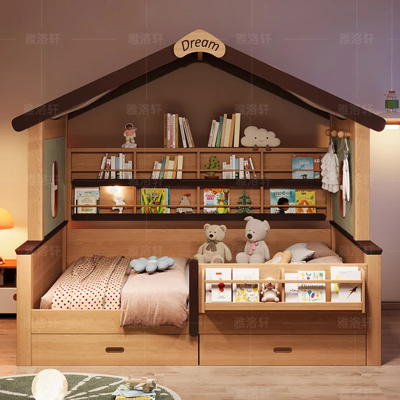 Children's Bed Integrated Space-saving Bed with Guardrail Double Tatami Girl Tree House Princess 1.35 Child and Mother Bed