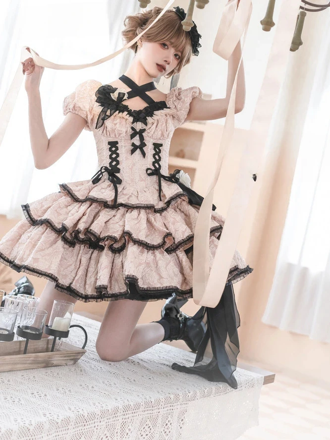 Abito Lolita quotidiano per donna Dolce giapponese Op Generare abiti da ballo di colore Mini abito sexy Y2K con lacci incrociati carini