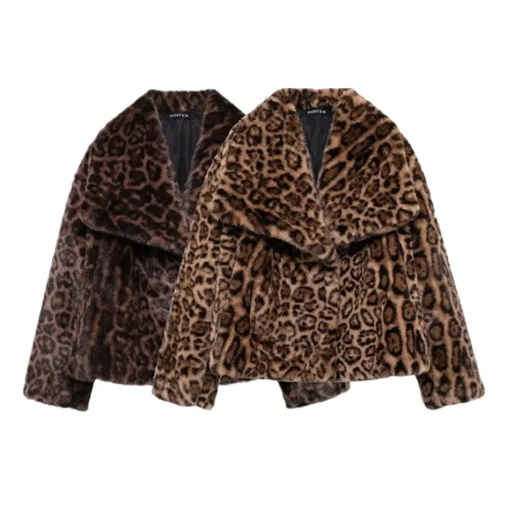 레오파드 퍼 재킷 겨울옷 여성용 짧은 인조 여우털 코트 한국 스타일 캐주얼 아우터 여성용 두꺼운 따뜻한 플러시 오버코트