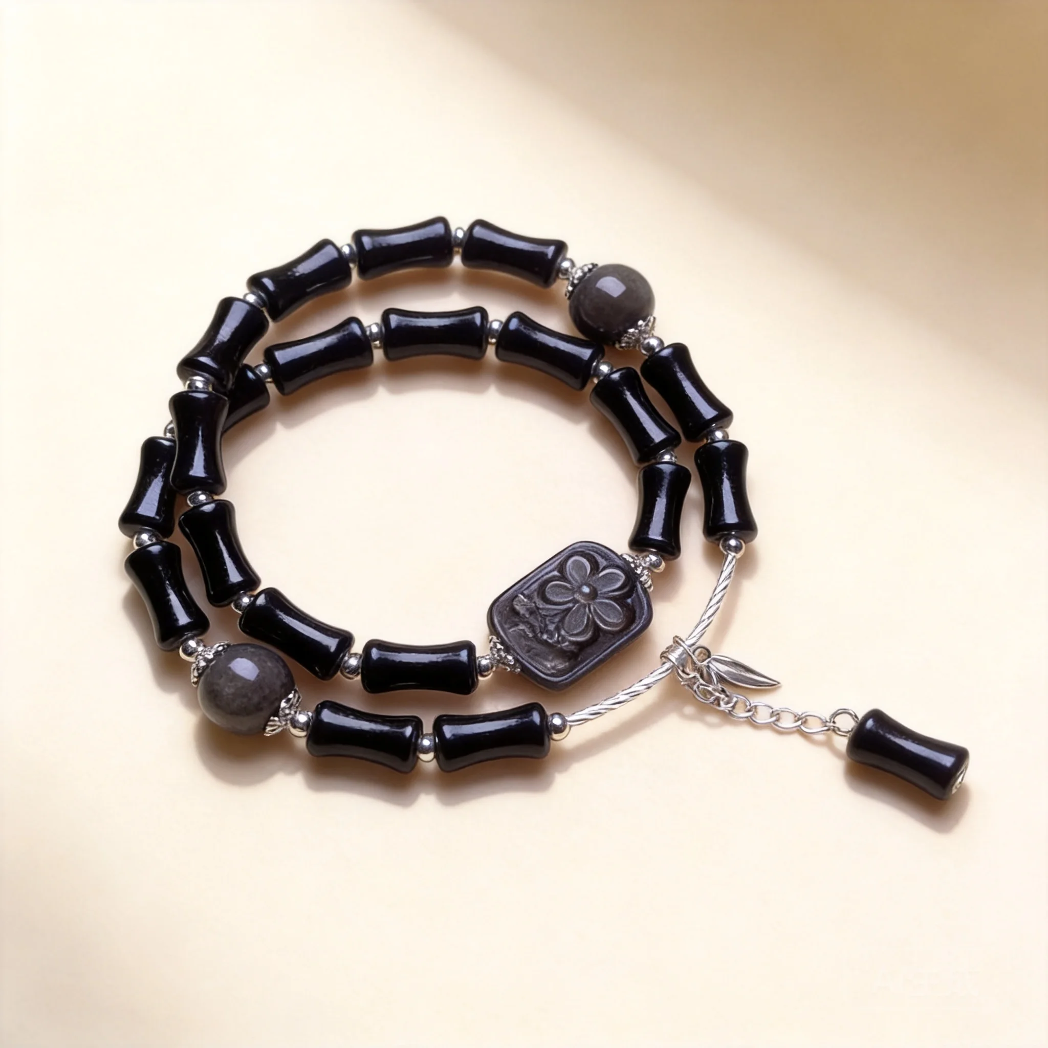 Chinese Style Natural Silver Obsidian Flower Tag Bamboo Joint Double Layer Bracelet Lucky Fortune Blessing Good Luck Obsidian