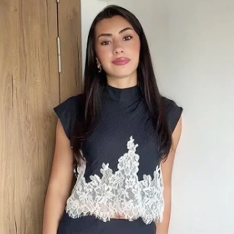 HXAO Spitzen-Crop-Top für Damen 2026 Korsett Dunkelblaues Tanktop Damenmode Plissiertes O-Ausschnitt Schlankes Ärmelloses Oberteil Elegante Urlaubstopps – Detail 10