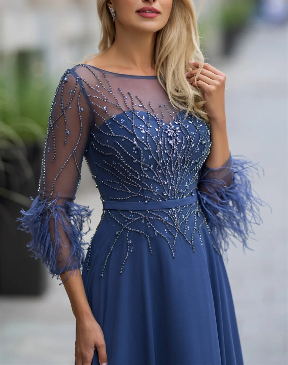 Lakshmigown Luxury Beading Strapless Full Sleeve Feathers A Line Long Ball Mother Dress Pleat Flowers Floor Length Woman Gown