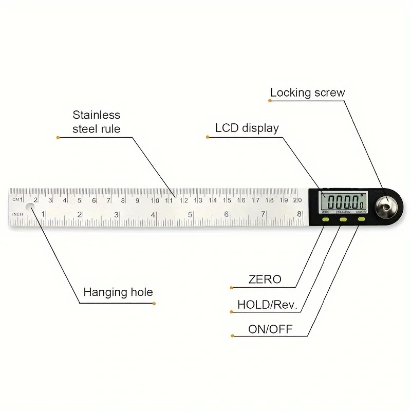 200mm Electronic Protractor Stainless Steel Digital Angle Ruler Inclinometer Angle Finder Digital Angle Gauge Measuring Ruler