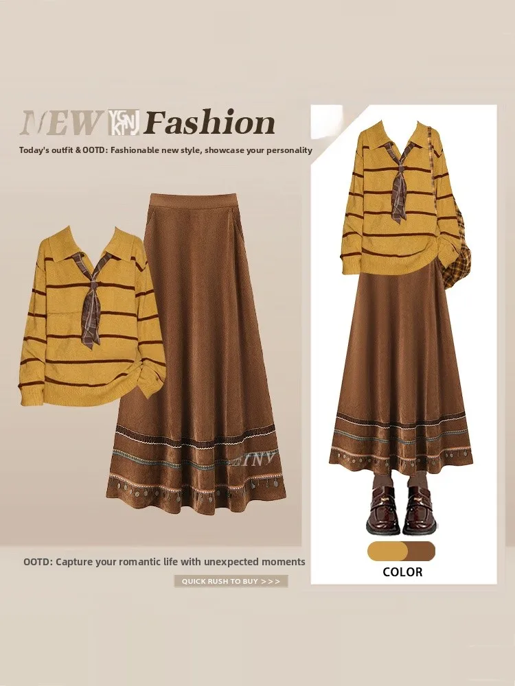 

Faionable Sett Winter Stripe irt, широкая юбка-миди с вышивкой, наряд Ele Long Sve, трикотаж с отложным воротником