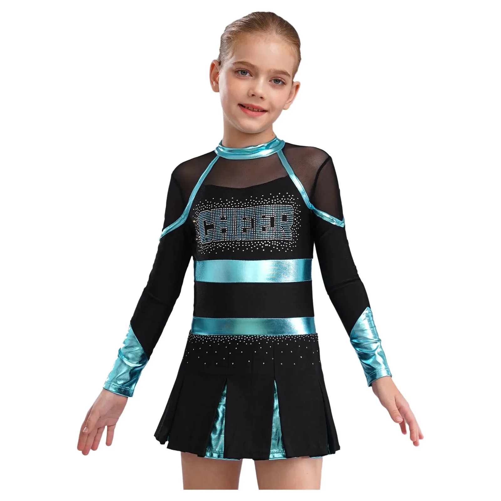 Kinder Mädchen Cheerleading Uniform Cheerleader Tanzkostüm Glitzernde Strasssteine Metallic Plissee Kleid mit 2 Stück Handblumen – Detail 10