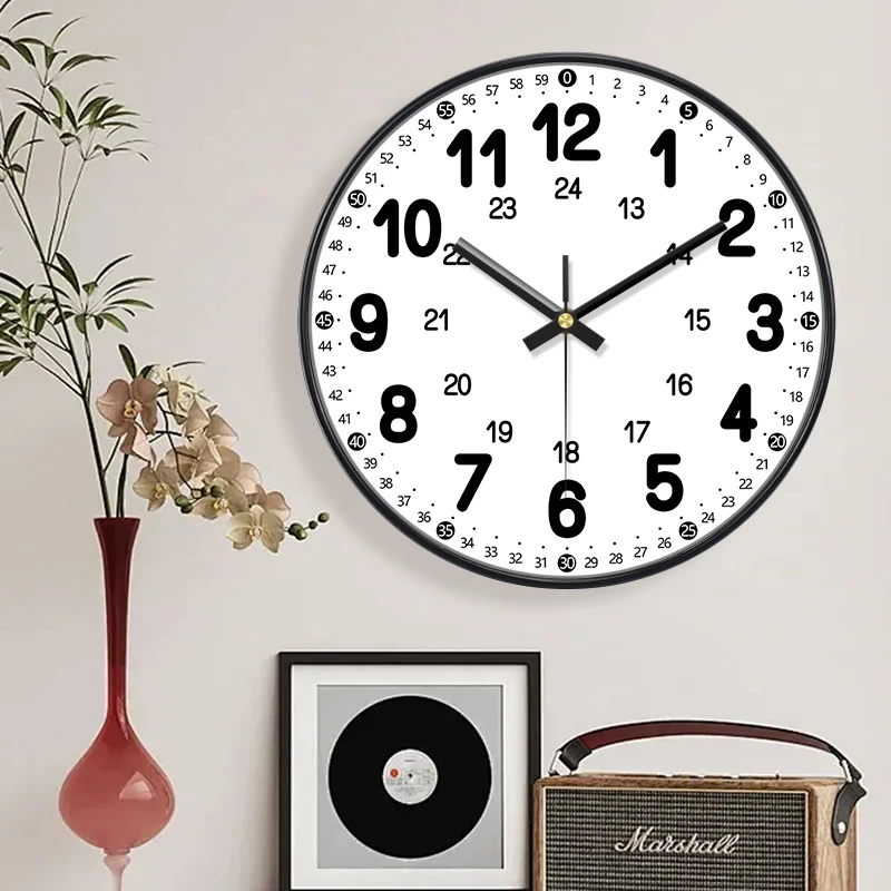 Horloge murale ronde format 24 heures, grand cadran clair, mouvement silencieux, pour salon, chambre, cuisine, bureau, école