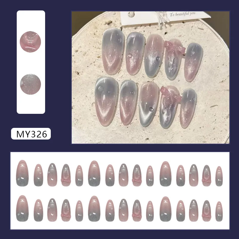 30pcs Gradient Cat Eye Press On Nails 3D Pink Bow Water Drop Decor Almond False Nail Short Almond Fake Nail for Women&Girl