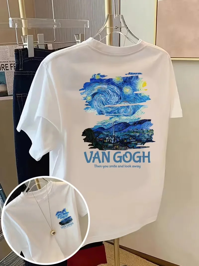 Van Gogh Starry Sky Oil Painting Tops Cute Print Men and Women Same Sleeve T-shirt Summer Street Loose Round Neck Short Sleeve