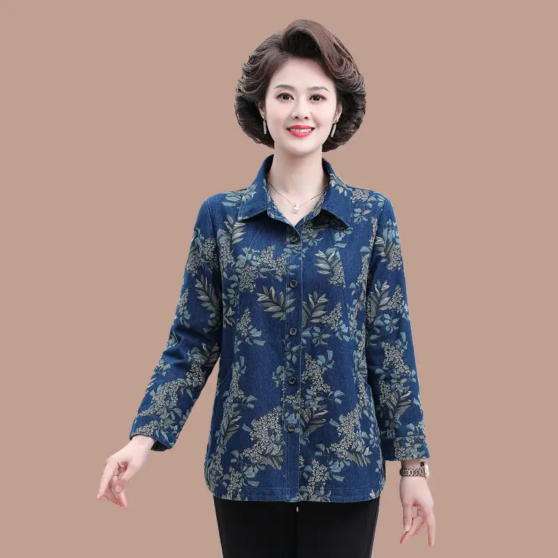 

Middle Aged And Elderly Women's Denim Blouse Jacket Elegant Floral Printed Shirt Casual Nine Quarter Sleeve Ladies Top