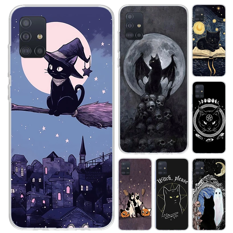 Witch And Cat Colorful Cute Phone Case for Samsung Galaxy A51 A50 A71 A70 A41 A40 A31 A30S A21S A20S A10S A20E A11 A01 A6 A7 A8