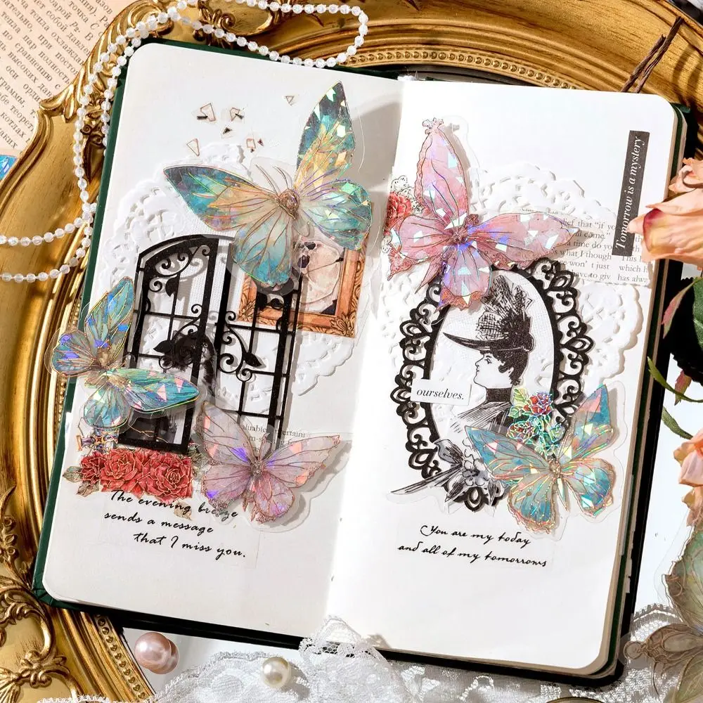 

20pcs/bag DIY Crafts Ice Crystal Laser Butterfly Sticker Handmade Decorative Butterfly Collage Sticker Shiny PET Hand Account
