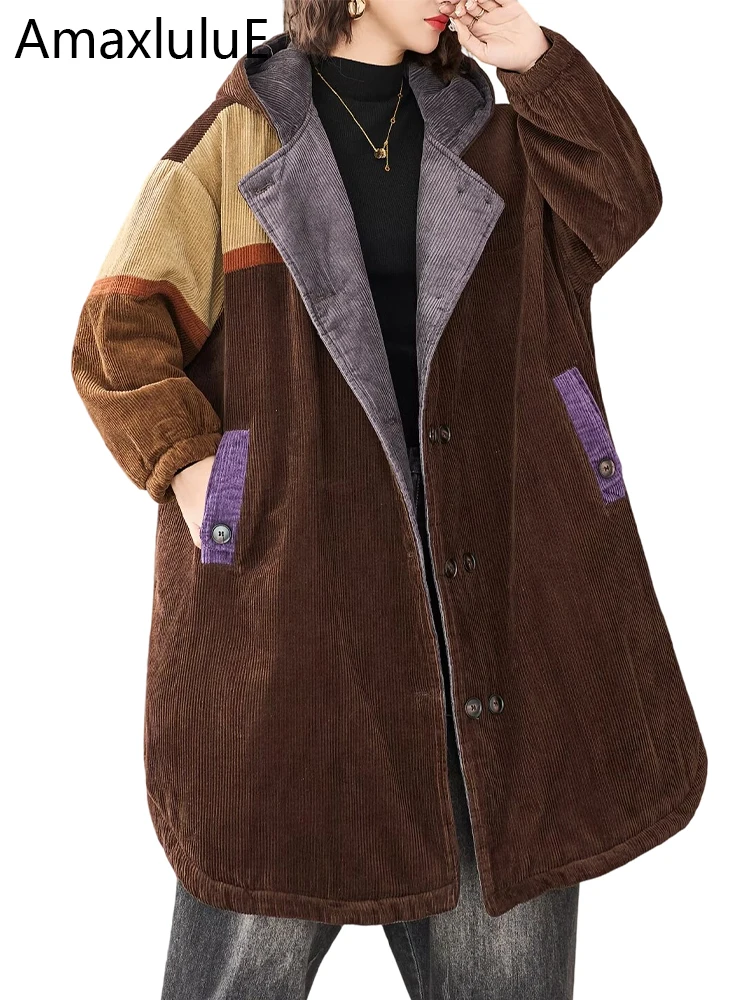 

Amax LuluE корейские зимние парки женские модные длинные вельветовые стеганые куртки женские большие повседневные винтажные теплые утепленные пальто