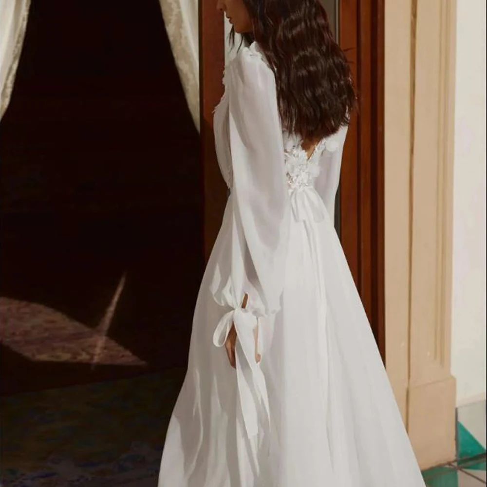 فستان زفاف بوهيمي مخصص على شكل حرف A مع دانتيل الوهم الرقبة فانوس كم فستان عروس الشاطئ بدون ظهر فيستدوس دي نوفيا #4