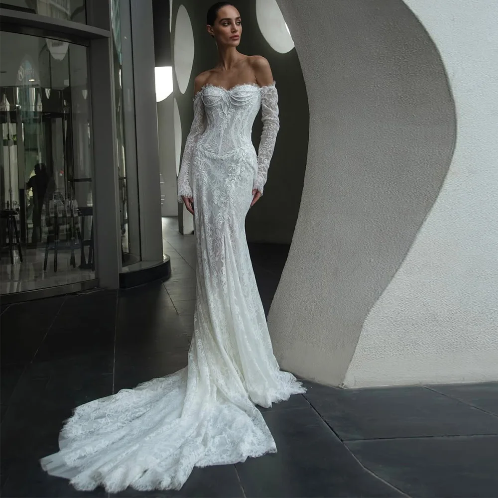 

Modern Sweetheart Mermaid Customized Robe de mariée Luxury Appliques Lace Bridal Gown Dreamy Beading Long Sleeves Wedding Dress