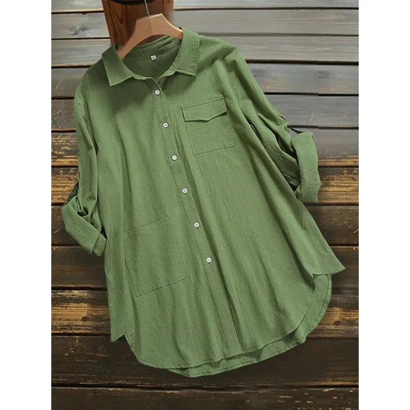 Plus Size 2024 Summer New Women's Single Row Button Down Shirt Pure Color Pocket Lapel Summer Optimal