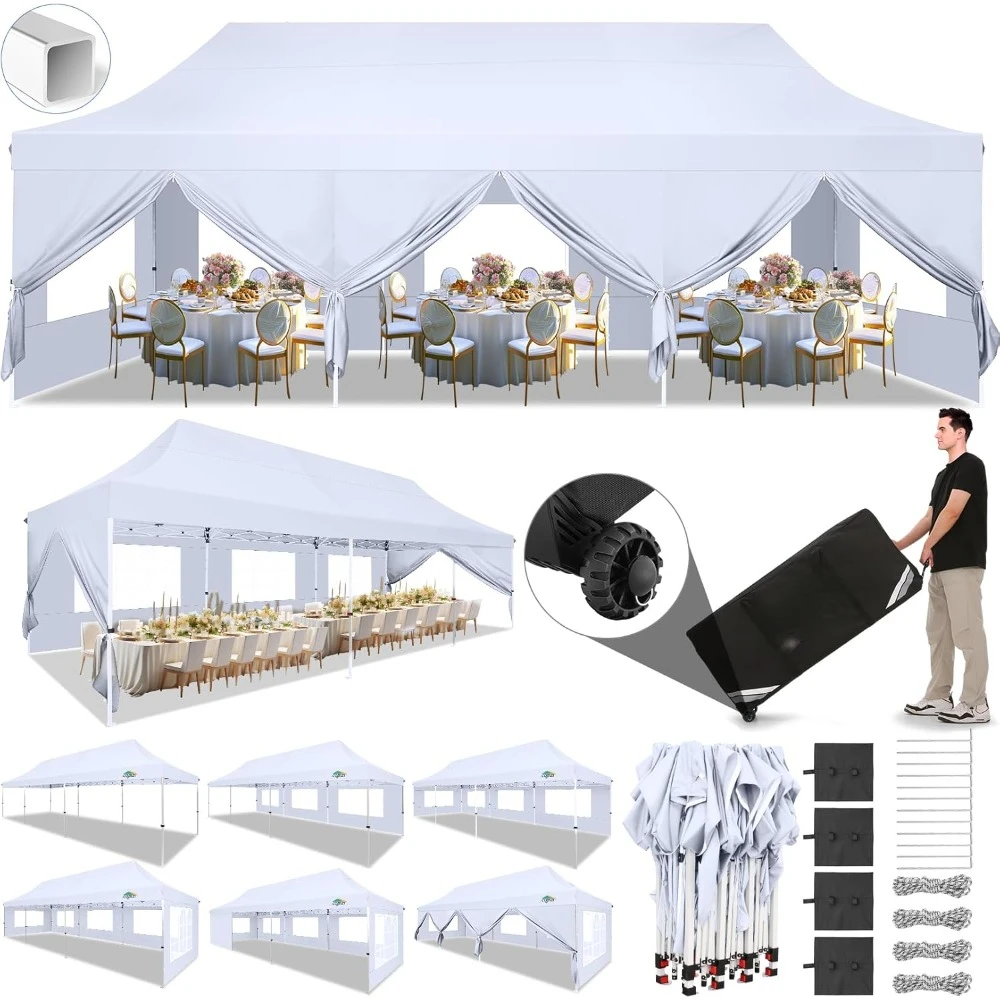 

10x30 Pop Up Canopy Tent with 8 Removable Sidewalls, Easy Setup Canopy with Roller Bag & Sandbags，Waterproof and UPF50+ G