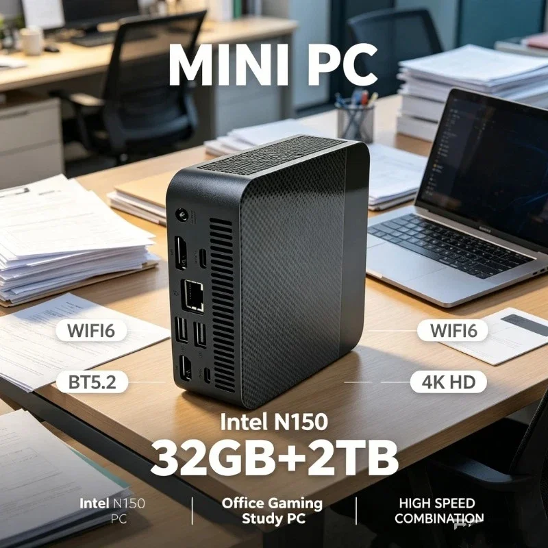 N150 Mini PC 32GB+2TB High Speed Combo WiFi6 BT5.2 4K HD Portable Desktop for Office Gaming & Study New Arrival