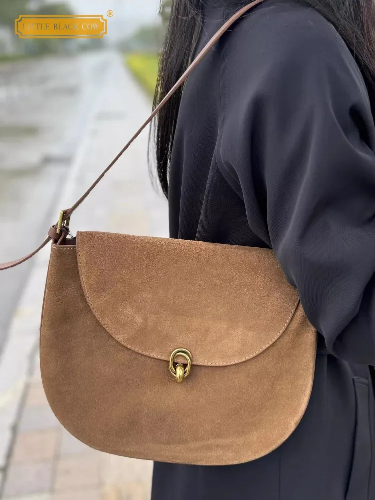 

Винтажная женская седельная сумка из коровьей замши, большая вместительная женская сумка на плечо с ремешком, осенние новые сумки через плечо с застежкой на слинге