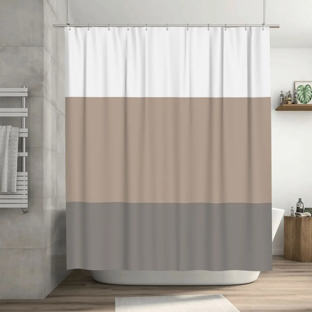 Natural Stripe In White Taupe Grey Thick Horizontal 3 Stripes Shower Curtain Bathroom Waterproof Bath Curtains with Hooks