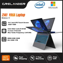 Crelander z141 yoga ordenador portátil Intel n100 procesador IPS pantalla táctil ddr4 16GB 360 grados ordenador portátil plegable mini portátil