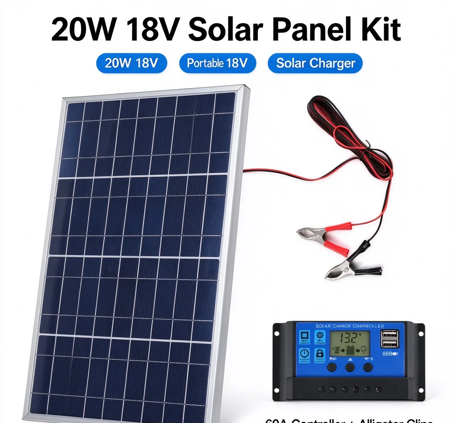 Solar Panel 18V 20W Portable Controller Power Set Alligator Clip Outdoor Rechargeable Household Solar Generator Solar Charger RV